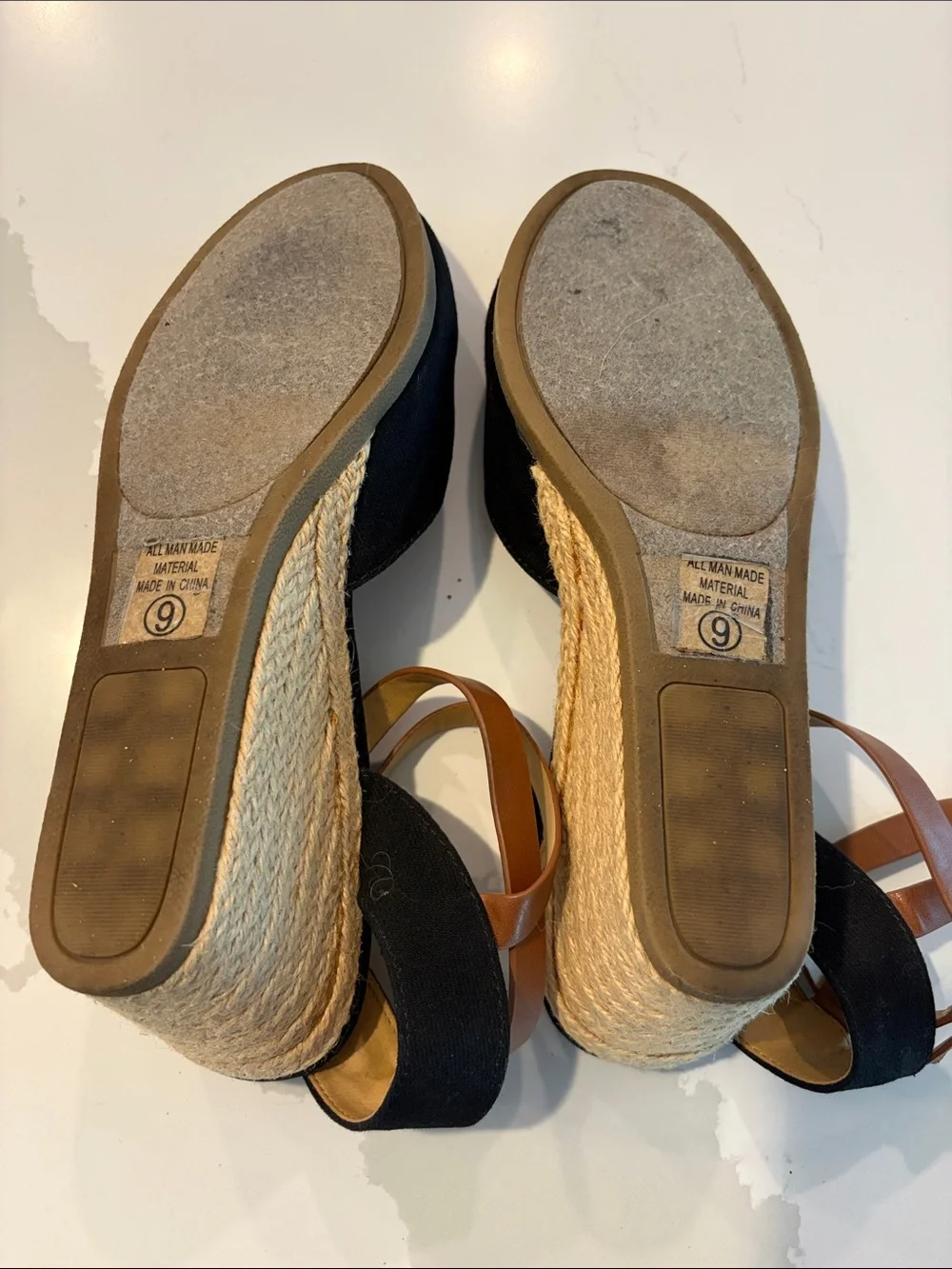 Classic Black Espadrille Wedge Sandals with Brown Ankle Straps Women’s Size 9